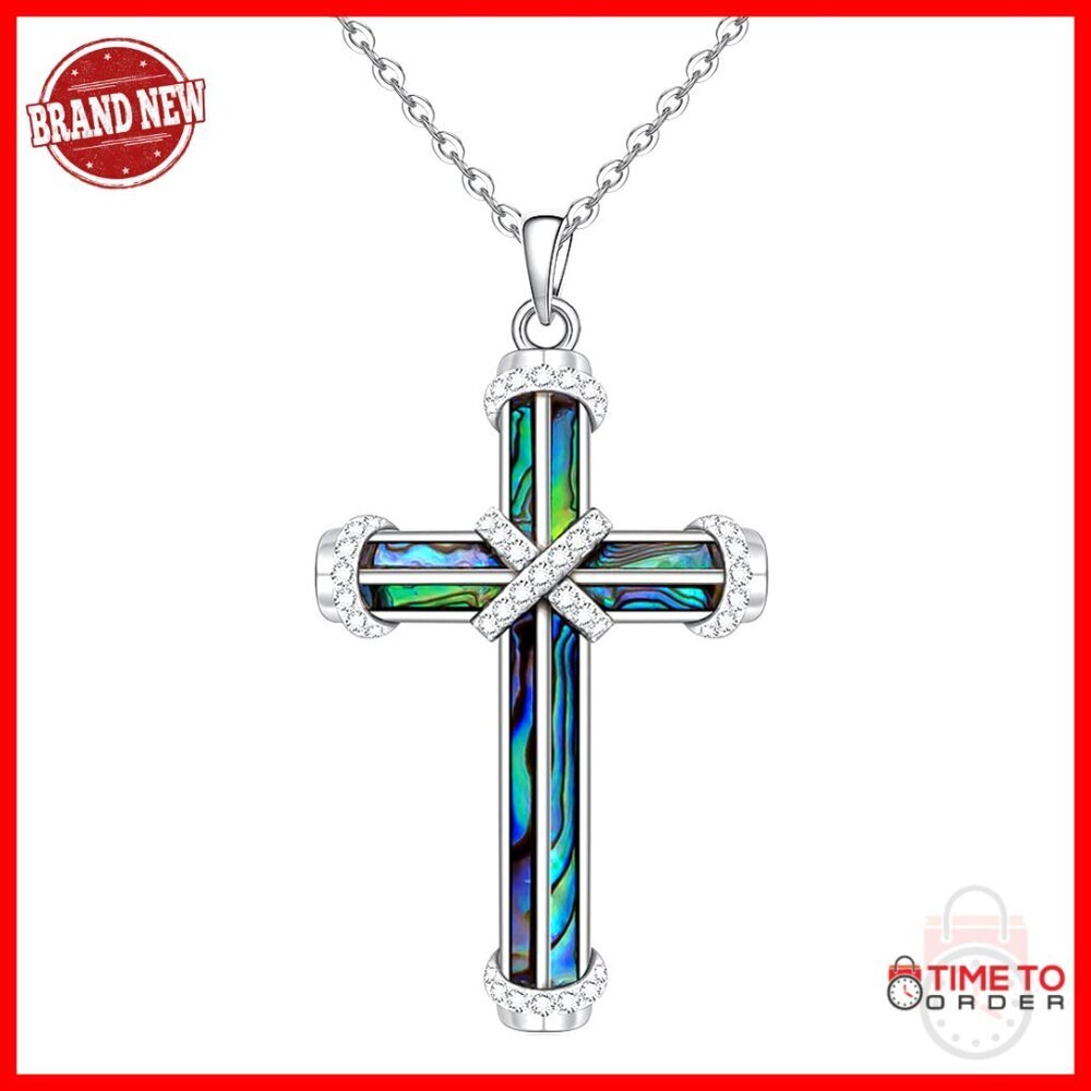 Sterling Silver Cross Pendant Necklace with Abalone, Infinity Chain, 1.25 Inches